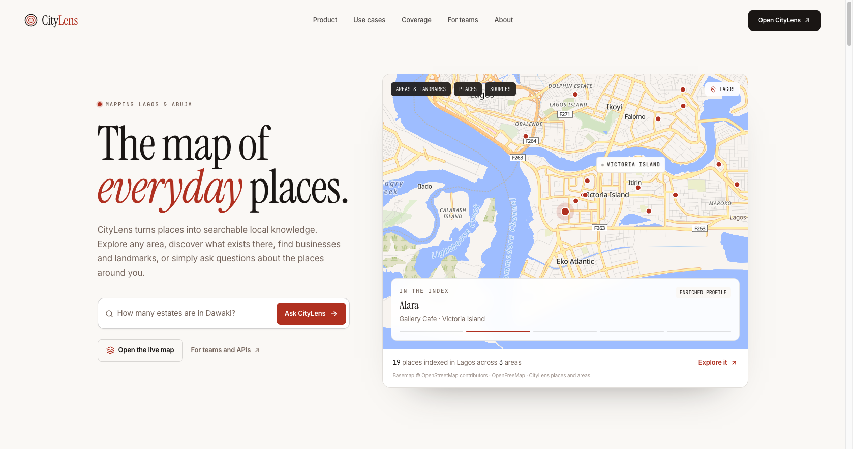 CityLens homepage with a map for discovering everyday places