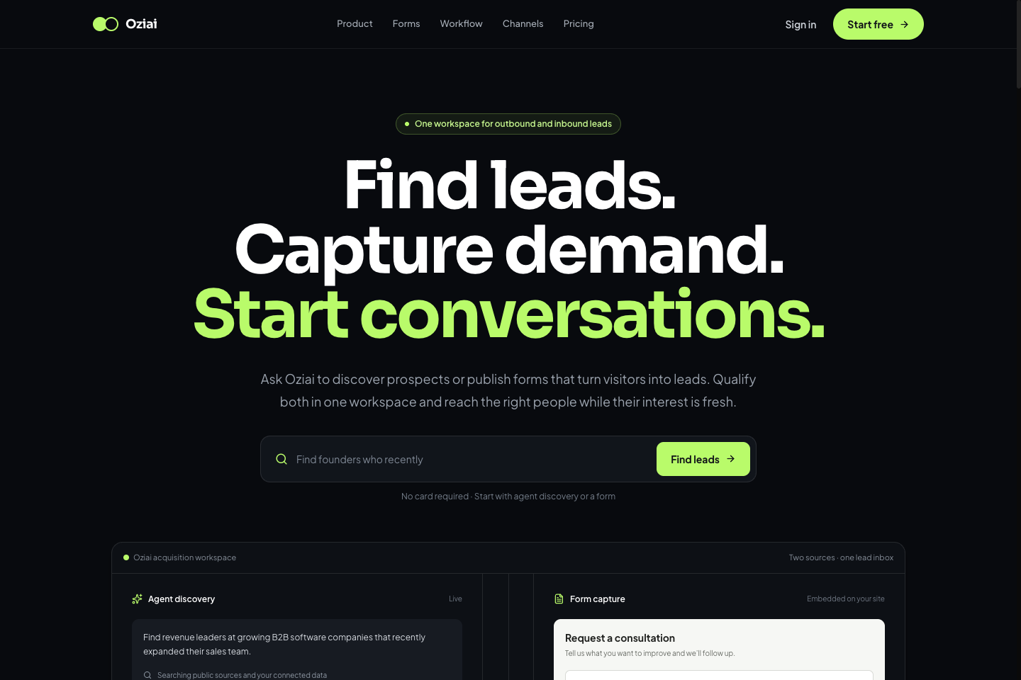 OziAI homepage showing its lead discovery and outreach offering